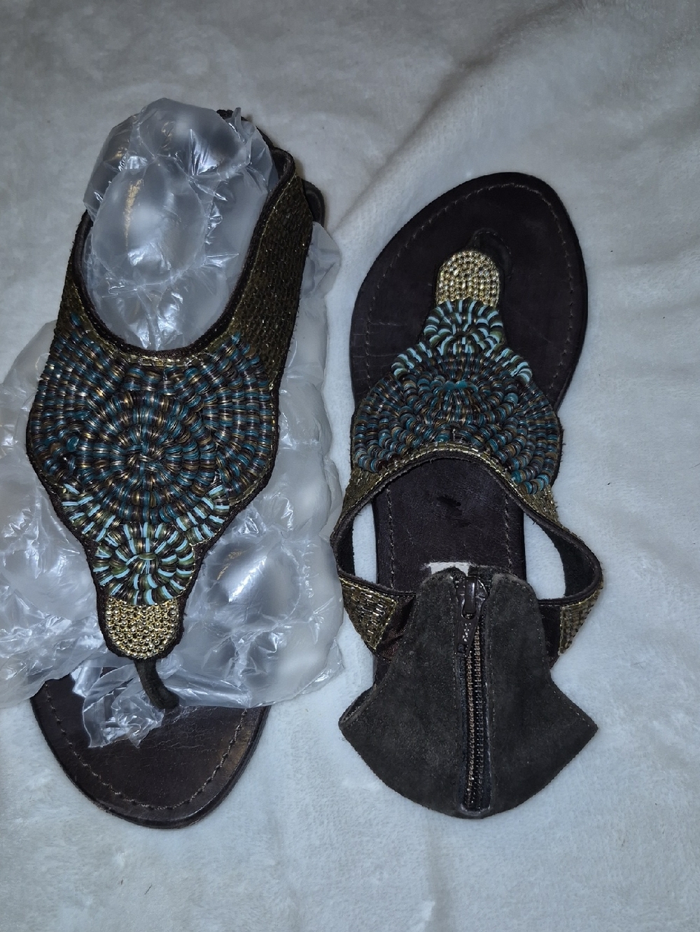 Steve Madden Brown and Teal Beaded Thong Sandals